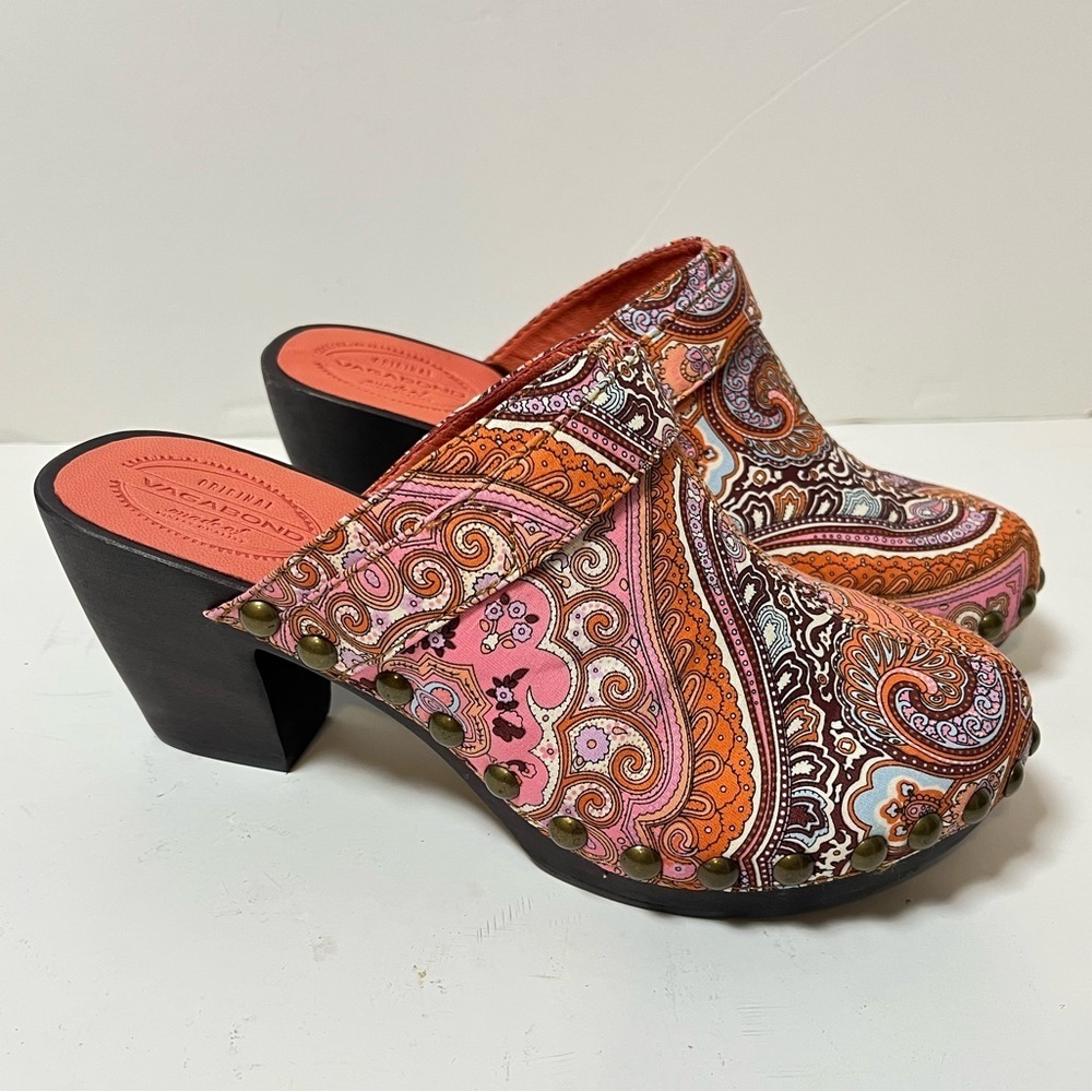 Vagabond Orange Paisley Studded Mules Clog Shoes US 6